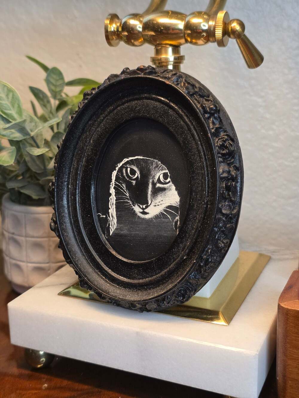 Miniature Oval Baroque Frame With Black Cat Portrait Dark Academia Wall Decor